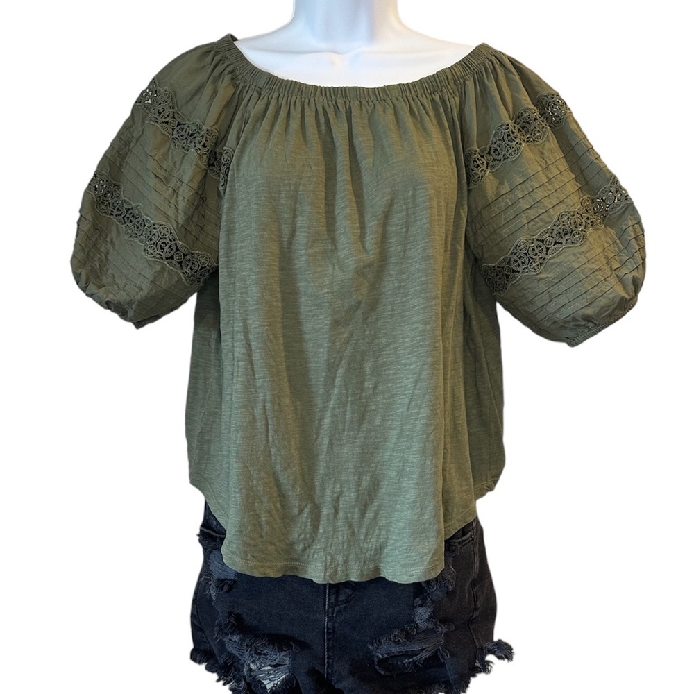 LOFT Puff Sleeve Off Shoulder Green Eyelet Lace Detailing Blouse XS